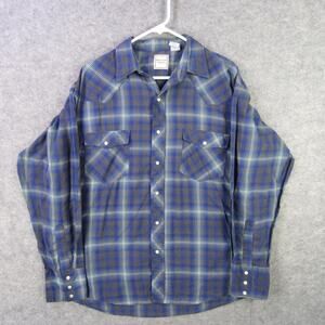 Western Plains Trading Co Shirt Mens Large Blue Green Plaid Pearl Snap Western